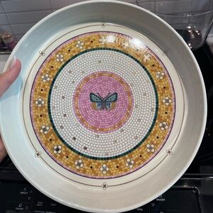 Anthropologie Butterfly Bistro Garden Tile Baking Pie Dish Mosaic Pink